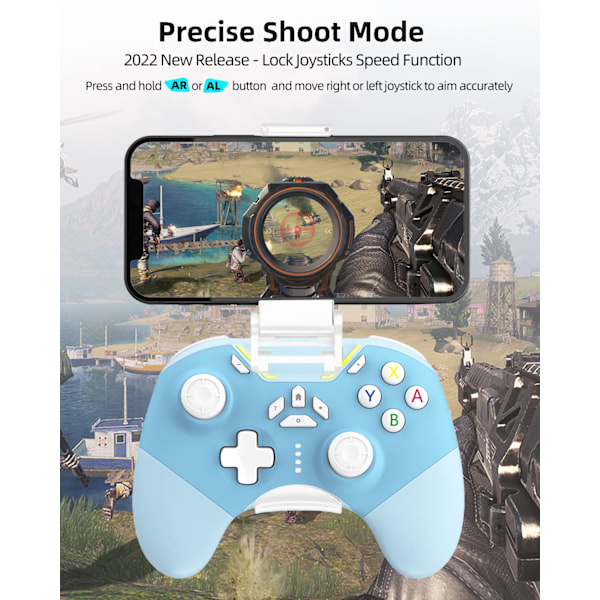 iPhone-kontroller med telefonklämma, trådlös Bluetooth-spelkontroll för iPhone/Apple Arcade MFi-spel/PC/Switch/Steam med makro/lås joystick Sp Blue
