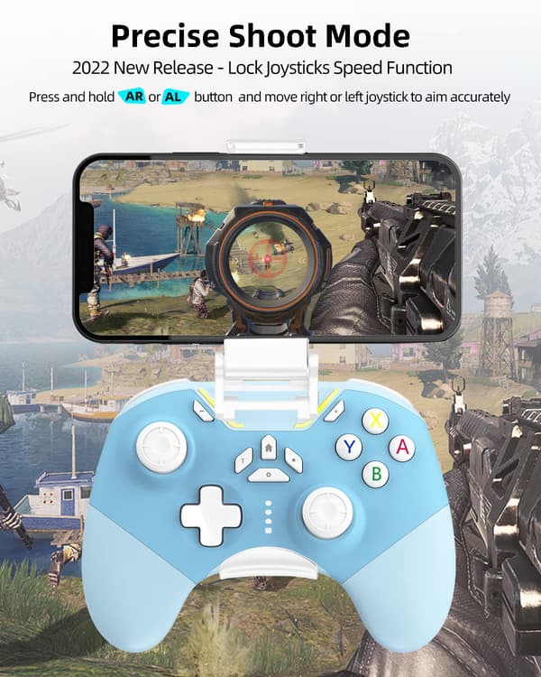 iPhone-kontroller med telefonklips, trådløs Bluetooth-spillkontroller for iPhone/Apple Arcade MFi-spill/PC/Switch/Steam med makro/lås joystick Sp Blue