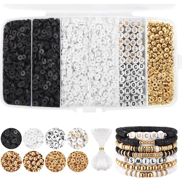 Hvit svart leireperle armbånd lage sett, Heishi perler polymer leireperler for smykkeproduksjon, vennskapsarmbånd sett med gullperler alfabet bokstaver Black and white