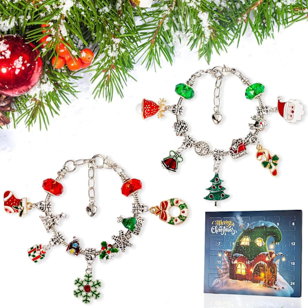 Julekalender armbånd 2024 for jenter 24 dager julekalender nedtelling DIY smykkefremstillingssett gave 22 sjarm perler 2 armbånd for barn