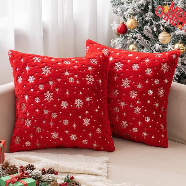 Sæt med 2 18×18\" bløde pyntepudebetræk i imiteret pels til jul - Sølv snefnug glimmer julepudebetræk til sofa og seng Red