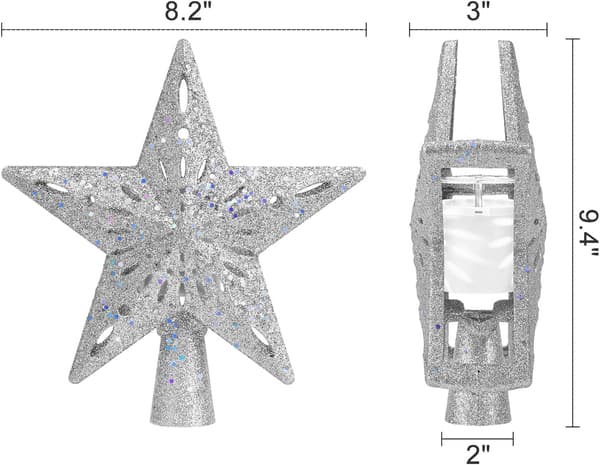 3D Glitter Juletræsstjerne Top - 6 LED Roterende Projicerede Mønstre, Belyst Julepynt og Gave til Fester Silver