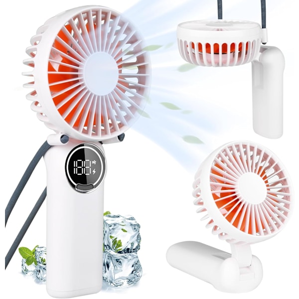 Bærbar ventilator, Mini bordventilator genopladelig med LED-display, 180° foldbar personlig håndventilator med snor som halsventilator, stærk vind og