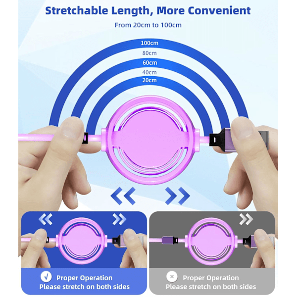 3-i-1 Retraktil Laddningskabel [3A, 1m] Multi USB-kabel Snabbladdare för Telefon, Samsung, iPad, Surfplattor, Switch och Mer Purple