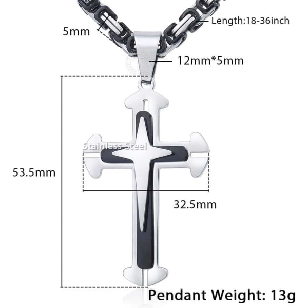 Korsanheng med kjede i rustfritt stål for menn og gutter, gullfarget, sølvfarget, byzantinsk kjede, 22, 24, 26, 28, 30 tommer 30inch Black Silver Tone