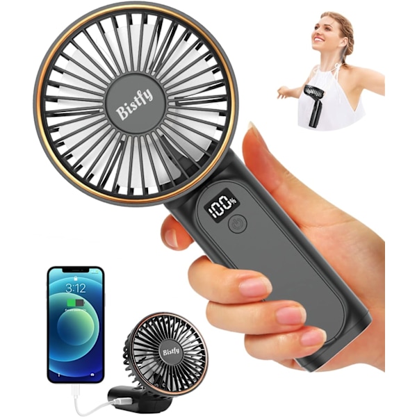 Håndholdt Ventilator, Bærbar Håndholdt Ventilator USB 5200mAh Genopladelig Foldbar Bordventilator, Ultra Støjsvag 6 Hastigheder LED USB C Halsventilator, Håndventilator De