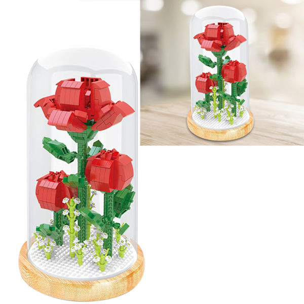 Växtbyggstenar Miniatyr DIY Byggstenar Bukett Krukväxter Prydnader Dekoration Leksaker med Skyddande Överdrag Rose