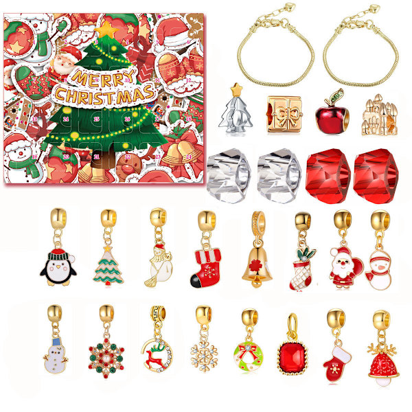 24 st julkalender, gör-det-själv-jularmband set 24 dagar nedräkning charm smycken blind box juldekorationer för barn Red