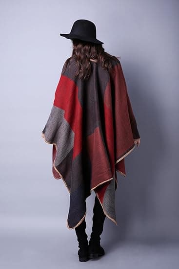 Werwing Dame Farveblok Sjal Wrap Åben Front Poncho Cape Oversized Afslappet Efterår Vinter Sweater Cardigan, Rød Red