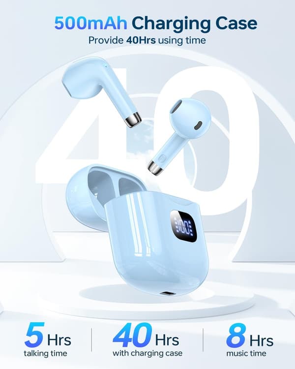 Trådløse ørepropper, Bluetooth 5.3 Hodetelefoner 40 timer spilletid med ladekoffer, IPX5 vanntett stereo ørepropper med mikrofon for iOS Android Blue