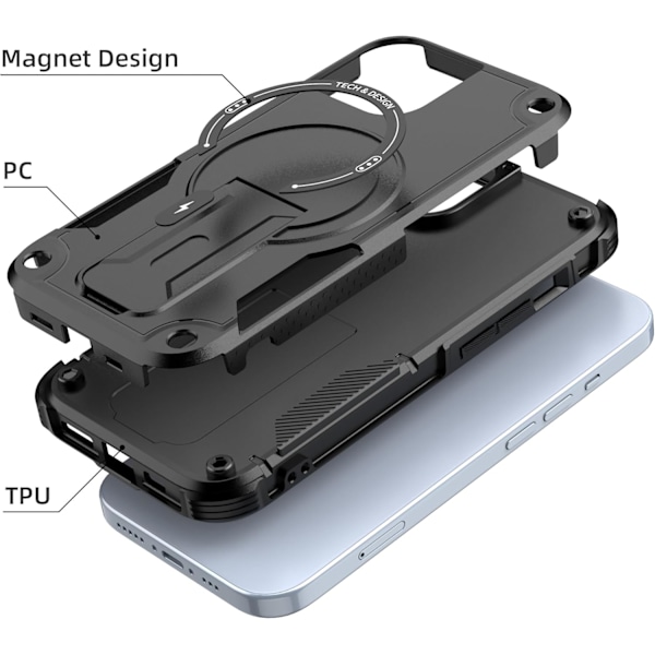 Magnetiskt iPhone-fodral med stativ, kompatibelt med MagSafe, robust inbyggt stativ, militärklassat fallskydd stötsäkert för iPhone Black iPhone 15 Plus