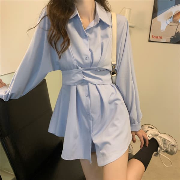 riped Belted Button up Collar Summer Short Shirt Dress(Blå)