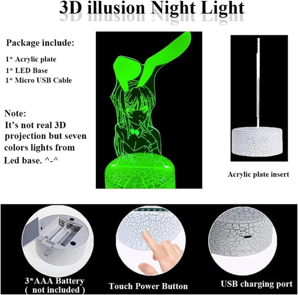 3D Illusion Anime Lampe til Børn, Farveskiftende Natlamper