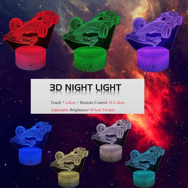 3D Nattlys Racingbil (3 mønstre), Optisk Illusjon LED La