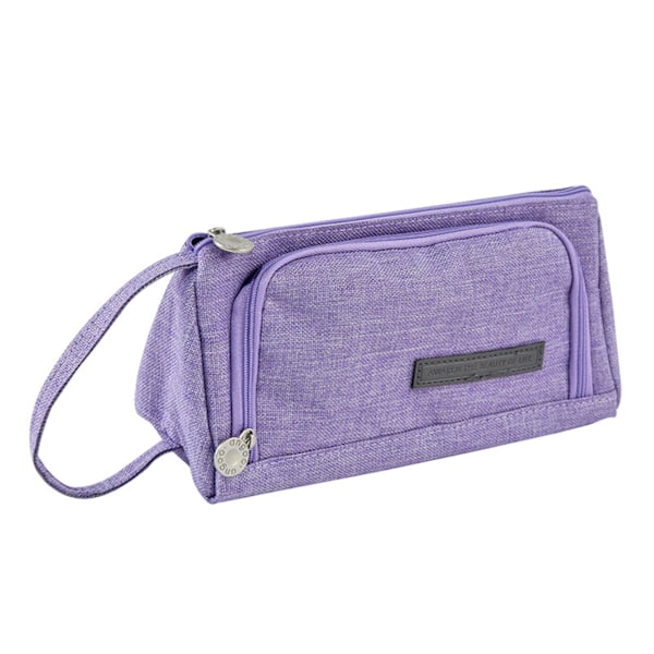 Pen Pouch Purple Canvas Material 3 Compartment Zipper Design Large Capacity Waterproof Pencil Case for School