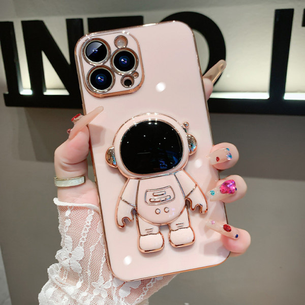 6D Elektroplettert Astronaut Skjult Stativ Etui for iPhone Kvinner Astronaut Folding Stativ iPhone Etui med Kamera Beskytter Myk TPU Støtsikker Bumper Pink iPhone 15 Pro