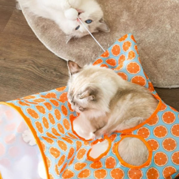 Kattunnelväska hopfällbar interaktiv 5 hål Crinkle Sounds Tunnel Pet Drill Bucket med plyschbollar för katter kattungar Orange