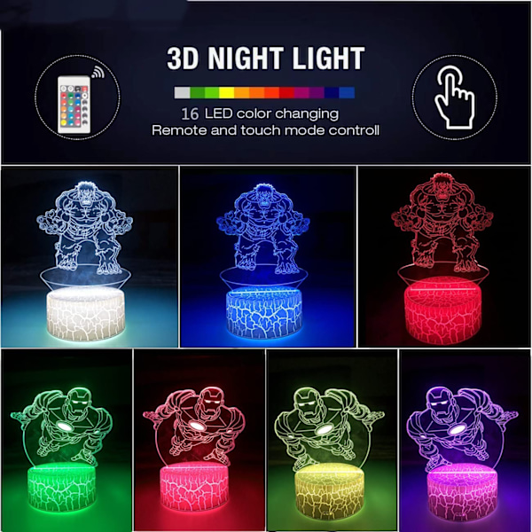 Superhjälte 3D nattlampor för barn gåva, Hulk-Ironman 3D LED