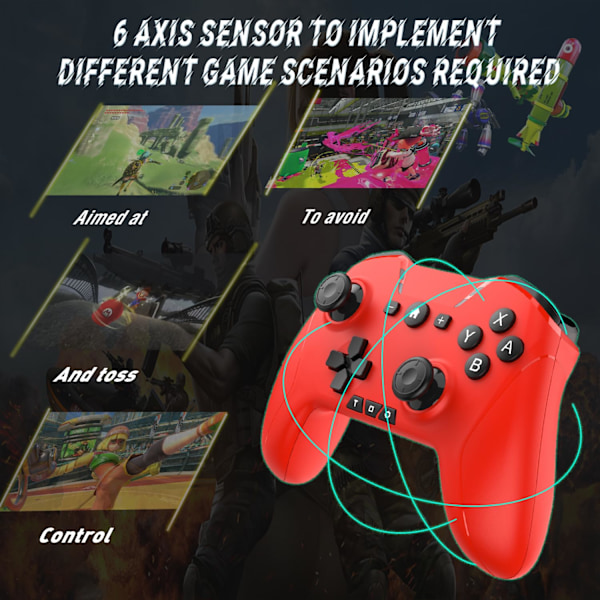 Bluetooth-kontroller for Switch/PC/Steam/Apple Arcade MFi-spill osv., Switch Pro-kontroller trådløs med justerbar dobbeltbevegelse, Turbo, makroer, 6-akser Red