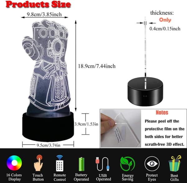3D Natlampe, Thanos Handsker 3D Illusionslampe, 16 Farver Cha