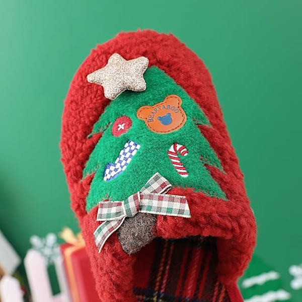 Jultomtestofflor för kvinnor med bågstöd Minnesskum Hushållsskor för damer med gummisula Vinter inomhus tofflor Julgran broderad Red 37/38