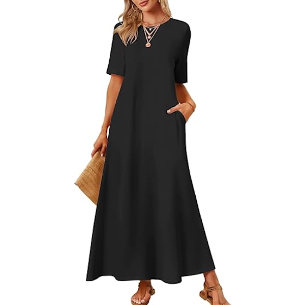 Dame 2025 Vår Sommer Casual Maxikjole Strandferie Kortermet Rund Hals Basic Lang T-skjorte Kjoler M