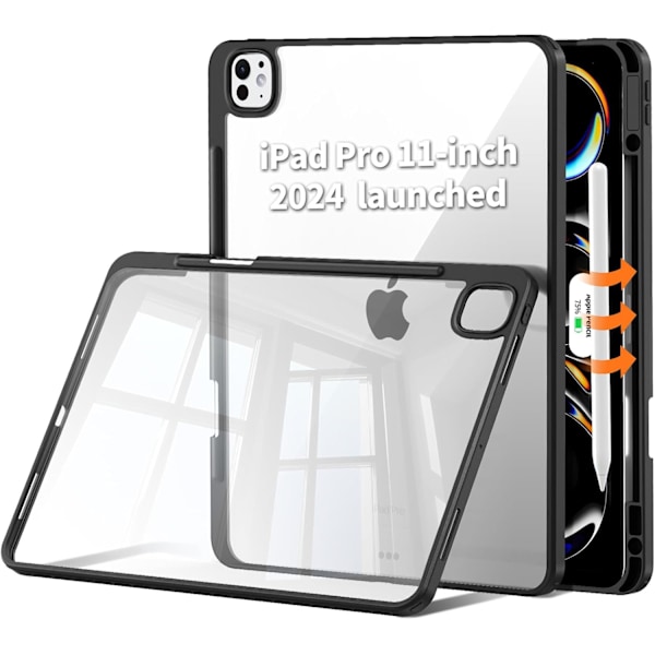 Fodral för 2024 iPad Pro-11 tum - M4 5:e generationens iPad-fodral med pennhållare, Stöder Pencil Pro, Transparent baksida, Sh0ck Black ipad pro 11M4