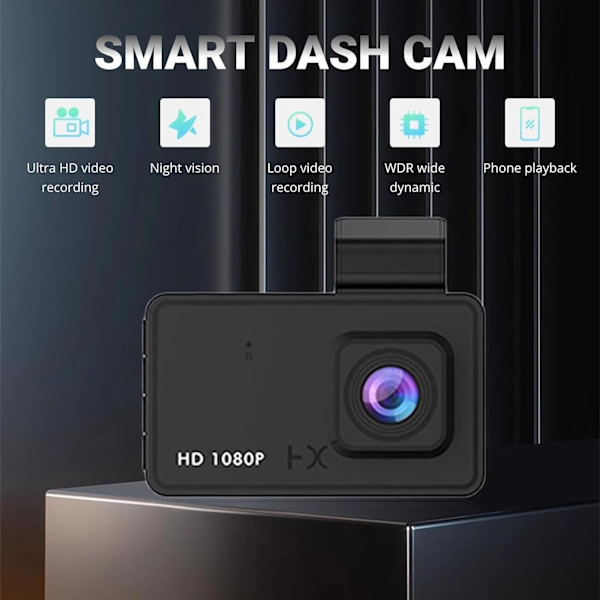 Dash Cam for og bag Mini Dash Cam, 3 tommer IPS-skærm HD, bevægelsesregistrering, nattesyn, WDR, ulykkeslås, loop-optagelse, parkeringsmonitor Supp