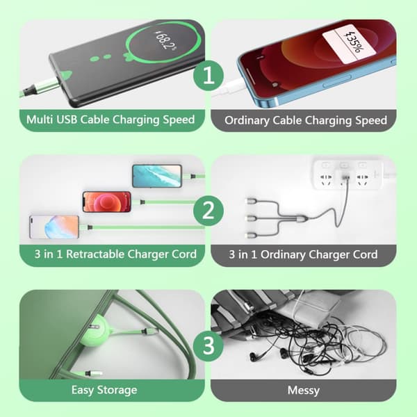 Uttrekkbar ladekabel, 3 i 1 Multi USB hurtiglader