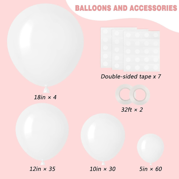 129 stk. hvide balloner i forskellige størrelser 18 12 10 5 tommer til guirlandebue, latexballoner til fødselsdagsfest, bryllupsdag, babyshower White