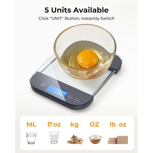 Genopladelig madvægt Digital vægt gram og oz, [Maks 33lb Min 1g], Militær kvalitet Anti-Drop Temepered glaspanel, Krystalklart design til Kitc