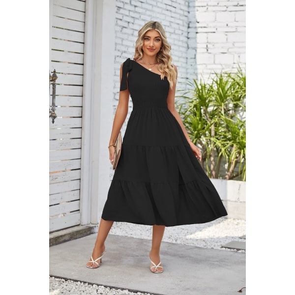 Ærmeløs Ruffle Hem Flowy Boho Maxi Kjoler (Sort XL)