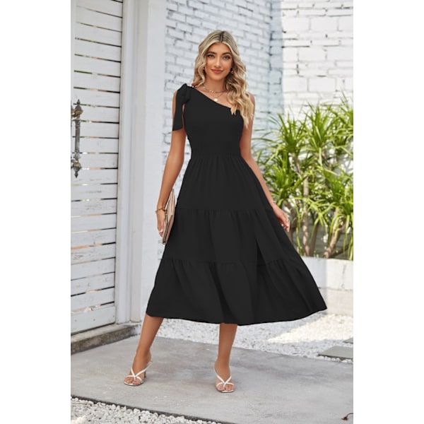 ulder Ærmeløs Ruffle Hem Flowy Boho Maxi Kjoler(Sort L)