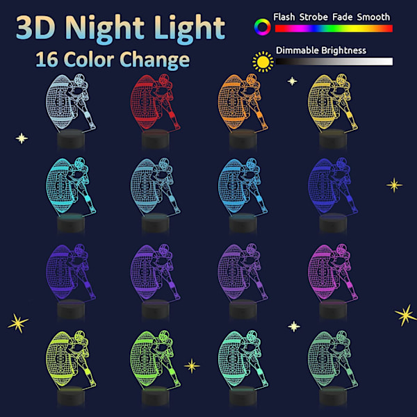 Fodboldspiller 3D Natlys, Attivolife Rugby Illusion LED Lampe med Fjernbetjening & Berøringskontrol