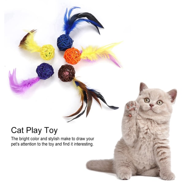 5 kpl / set Värikäs Pet Cat Kitten Pehmolelu rottinkipallot höyhenrengaskellolla