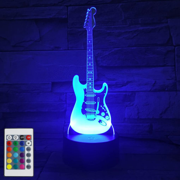 3D Illusionslampe Elektrisk Gitar Fjernkontroll 16 Farger Nattelys