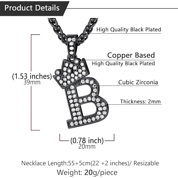 Krone Initial A-Z Halskæde, Iced Out Bogstav Vedhæng med 22-24 Tommer Kæde, Mænd Kvinder Bling Hip Hop Alfabet Navn Smykker Gave Store Initialer Halskæder B Black