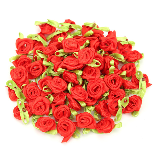 450 st mini bandros dekoration rosett blomma med blad prydnad för DIY sömnad hantverk röd