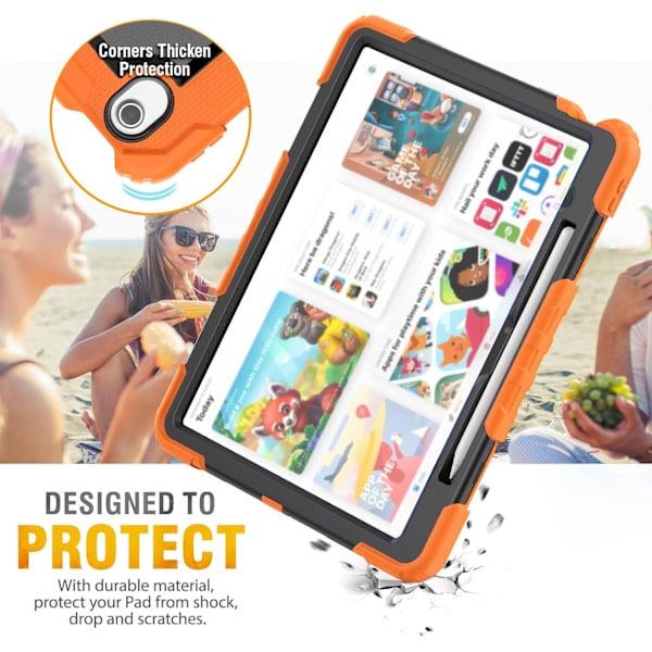 Skal för iPad Air 11 tum (M2 2024), Stötsäker Design med Pennhållare/Skärmskydd/Roterande Handrem, Skyddande Fodral för Orange New iPad Pro 11 2024