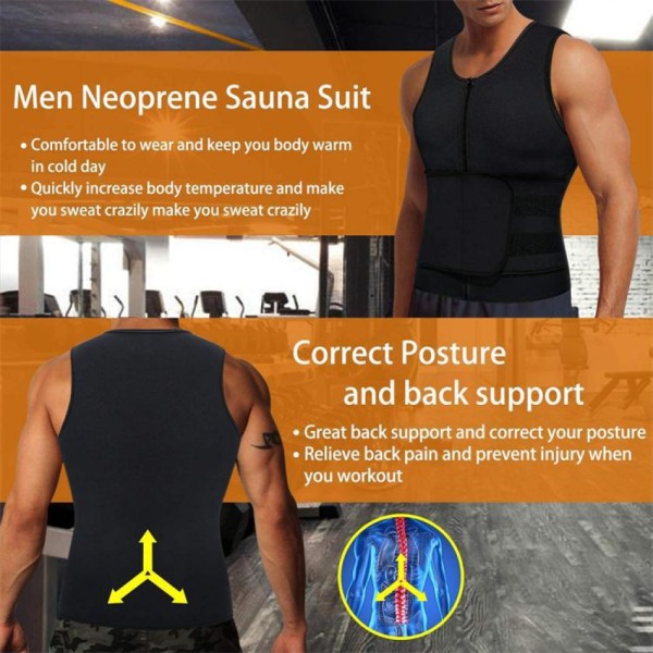 Bastu väst för män midjetränare dragkedja neopren bastu kostym tank top(2XL)