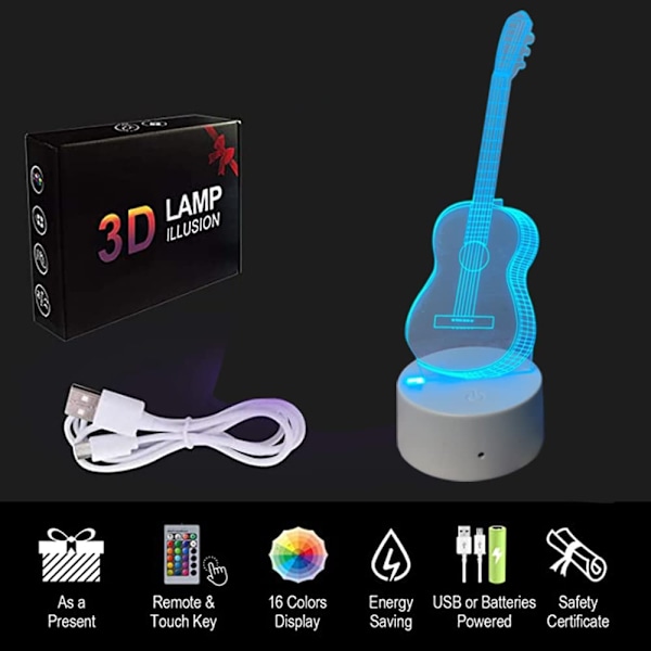 3D Illusions nattlyslampe Gitar - Gitar 3D Illusionslampe 16 Fargeendrende 3D LED Nattlys Berøringslamper (Svart)
