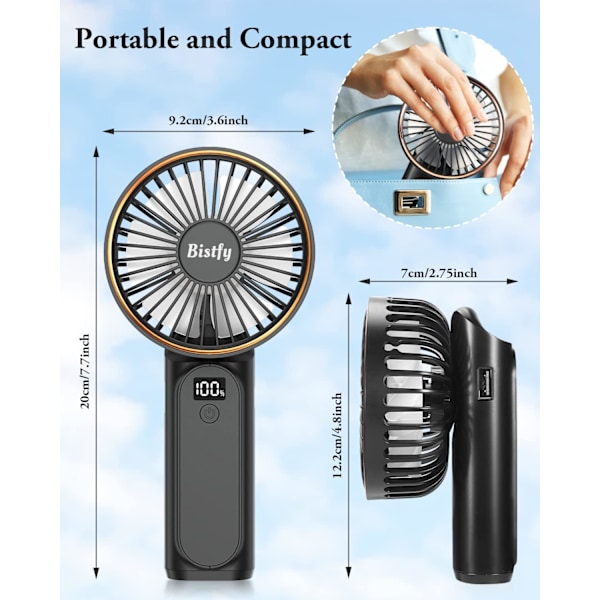 Håndholdt Ventilator, Bærbar Håndholdt Ventilator USB 5200mAh Genopladelig Foldbar Bordventilator, Ultra Støjsvag 6 Hastigheder LED USB C Halsventilator, Håndventilator De
