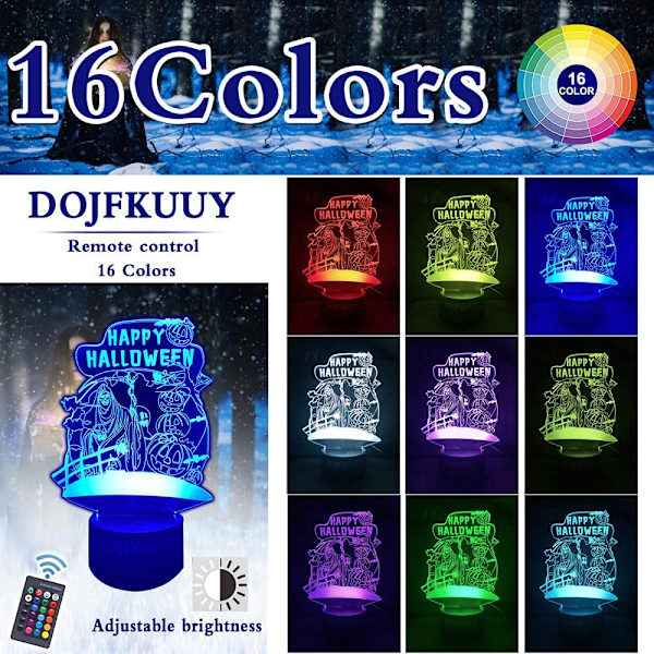 3D Halloween Julenisse Nattlys for Barn, Anime Skrivebordslampe med Fjernkontroll for Barnerom med Berøring + 16 Farger 3D Illusjon Nattlys