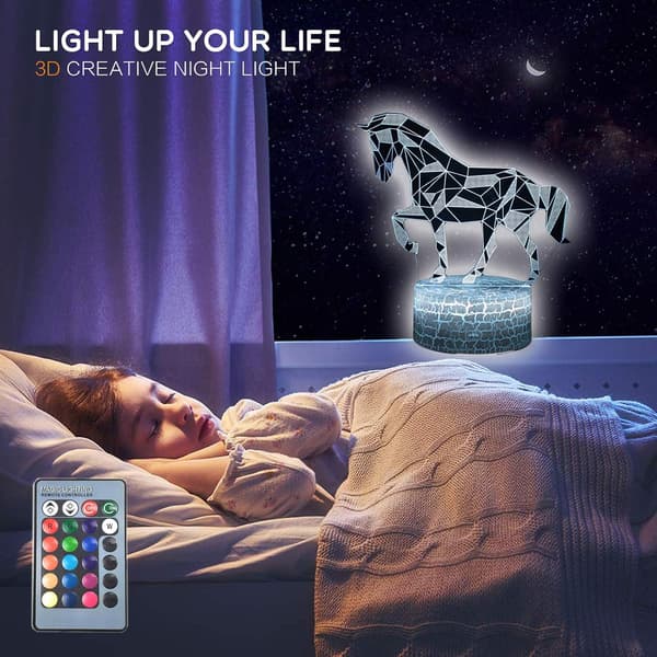 Heste Dyr 3D Illusion LED Dekorationslampe Natlampe, 16 Farver