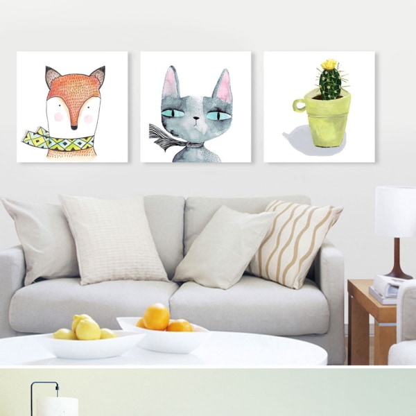 Räv och katt väggkonst Canvas Print affisch, enkel söt akvarellkonstteckning dec