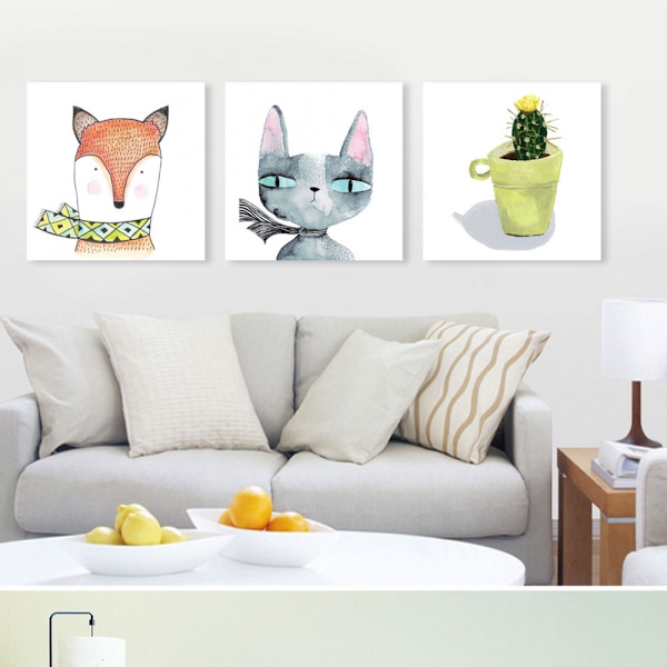 Räv och katt väggkonst canvas tryck affisch, enkel söt akvarellkonst ritning dec