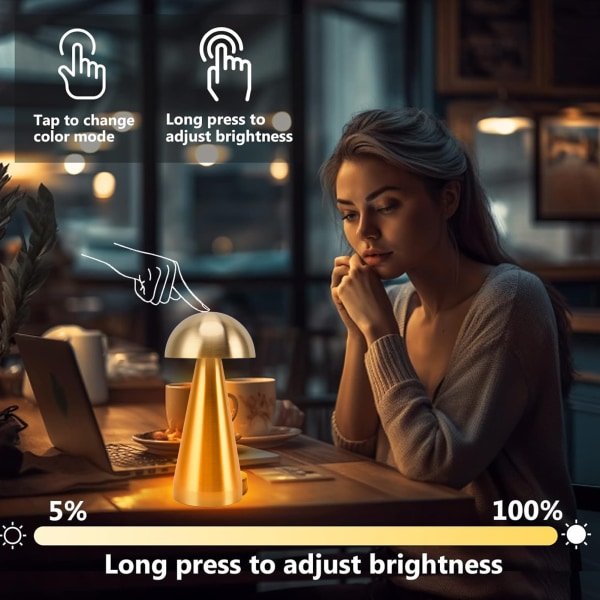 Sienimuotoinen pöytävalaisin 3 värilämpötilaa LED himmennettävä johdoton USB-ladattava moderni yöpöytävalaisin makuuhuoneeseen olohuoneeseen Gold