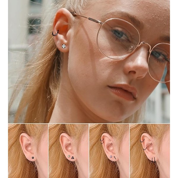Kirurgiskt stål örhängen för kvinnor män 20 Gauge Hoop Stud Örhängen Set för flera piercingar CZ Boll Nap Örhängen Platt Baksida Hypoallergen Black