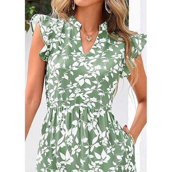 Dame 2025 Sommer Blomstret Midi Kjole Korte Ærmer V-Hals Flæse Lang Flydende Boho Afslappet Strand Ferie Kjoler S