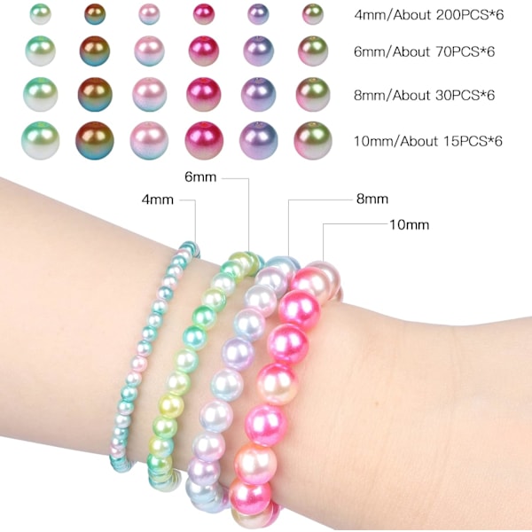 1890 delar av 24 rutnät sjöjungfru gradient regnbåge armband gör-det-själv-kit, 6 färger 4-10mm flerfärgade runda regnbågs pärlor för smyckestillverkning Rainbow Color